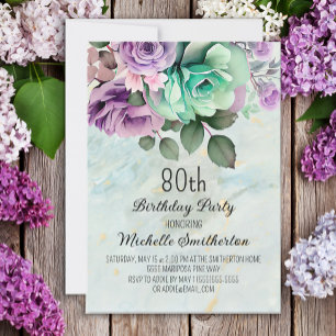 Mint Green Purple Floral Butterfly 80th Birthday  Invitation