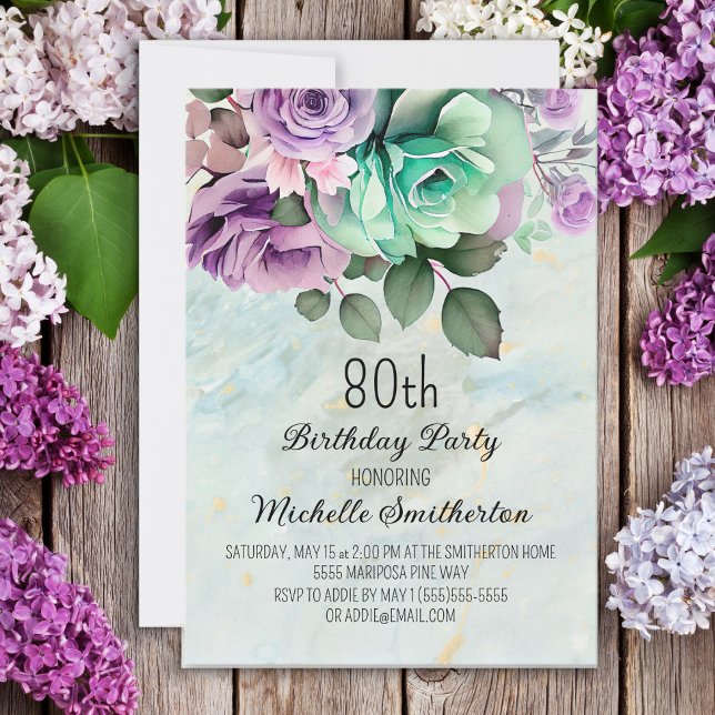 Mint Green Purple Floral Butterfly 80th Birthday  Invitation (Creator Uploaded)
