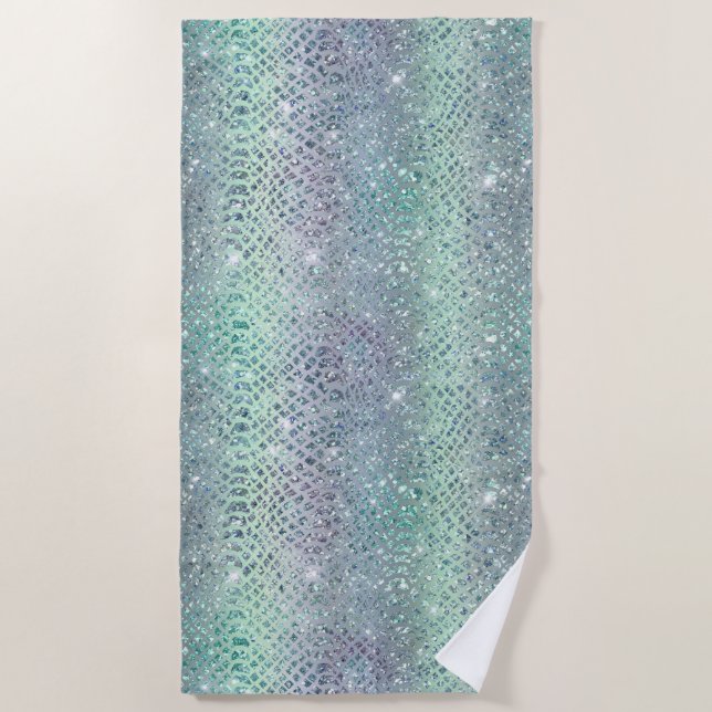 Mint Green Purple Glitter Snake Print Beach Towel (Front)