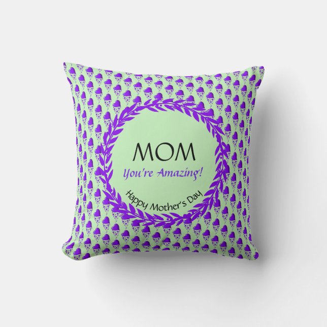 Mint Green Purple Heart Pattern AMAZING MOM Cushion (Front)
