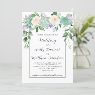 Mint Green, Purple, White Floral Wedding Invitation