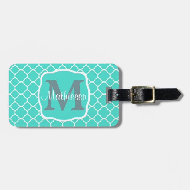 Mint Green Quatrefoil Monogram Luggage Tag (Front Horizontal)