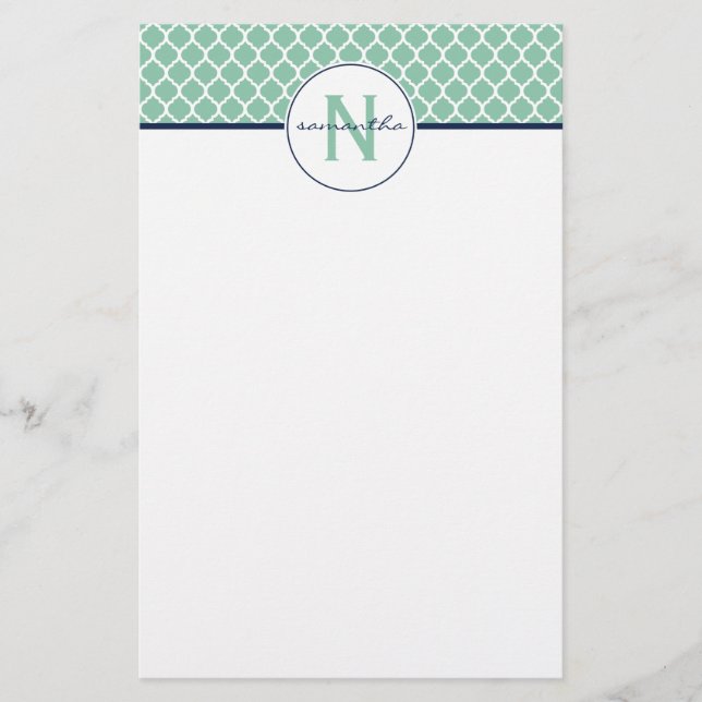 Mint Green Quatrefoil Monogram Stationery (Front)