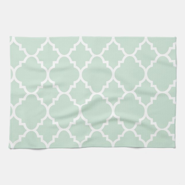 Mint Green Quatrefoil Moroccan Pattern Tea Towel (Horizontal)