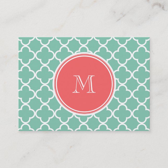 Mint Green Quatrefoil Pattern, Coral Monogram Business Card (Front)