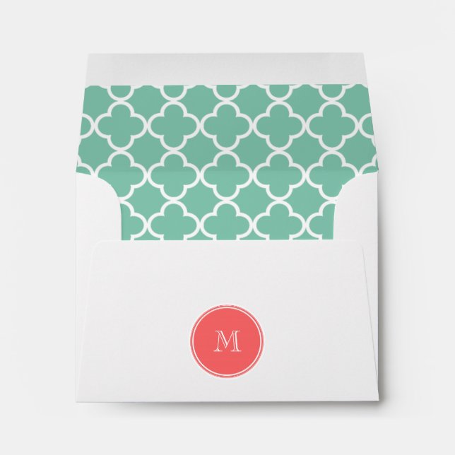 Mint Green Quatrefoil Pattern, Coral Monogram Envelopes (Back (Bottom))