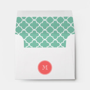 Mint Green Quatrefoil Pattern, Coral Monogram Envelopes