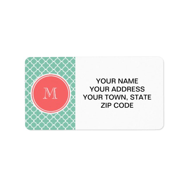 Mint Green Quatrefoil Pattern, Coral Monogram Label (Front)