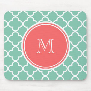 Mint Green Quatrefoil Pattern, Coral Monogram Mouse Pad