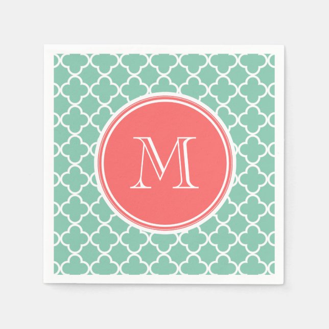 Mint Green Quatrefoil Pattern, Coral Monogram Napkin (Front)
