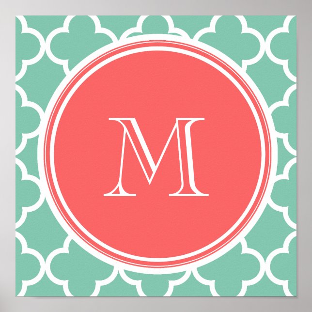Mint Green Quatrefoil Pattern, Coral Monogram Poster (Front)
