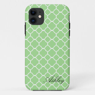 Mint Green Quatrefoil Pattern Monogram iPhone 11 Case