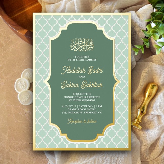 Mint Green Quatrefoil Pattern Muslim Wedding Gold (Creator Uploaded)