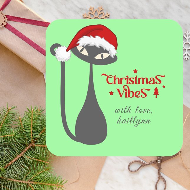 Mint Green Retro Atomic Black Cat Christmas Square Sticker (Creator Uploaded)