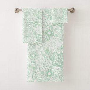 Mint-green retro flowers pattern bath towel set