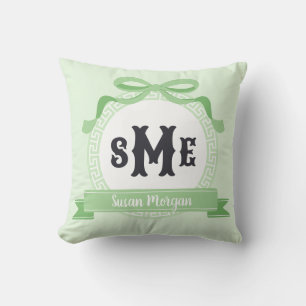 Mint Green Reverse Greek Key Bow Monogram Cushion