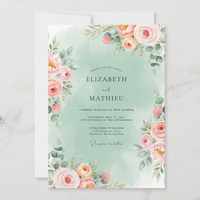 Mint Green Romantic Floral Wedding Invitation (Front)