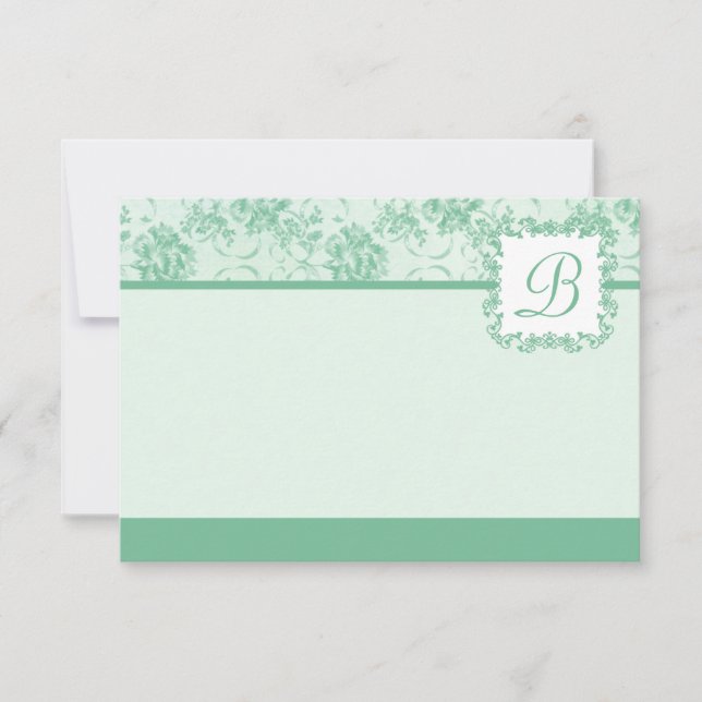 Mint Green Rose Damask Monogram Flat Card (Front)