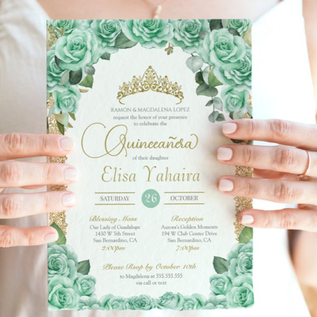 Mint Green Rose Floral Gold Elegant Quinceanera Invitation (Creator Uploaded)