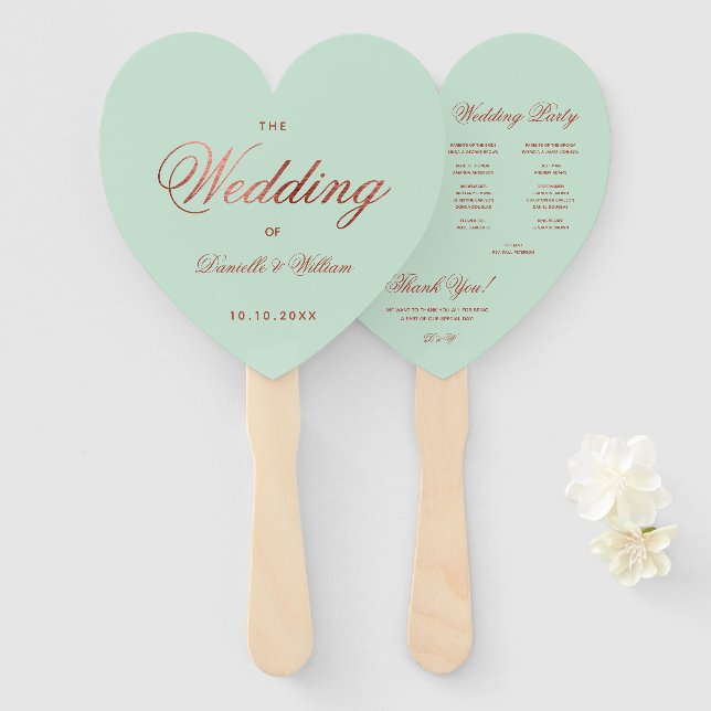 Mint Green Rose Gold Wedding Program Heart  Hand Fan (Front and Back)