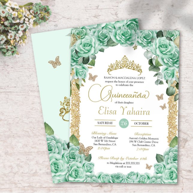 Mint Green Roses & Butterfly Quinceanera Invitation (Creator Uploaded)
