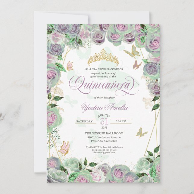  Mint Green Roses Elegant Butterfly Quinceanera In Invitation (Front)