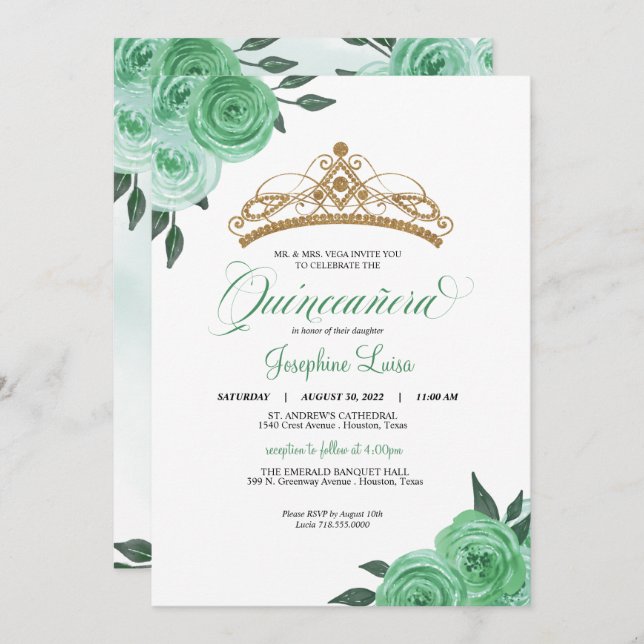 Mint Green Roses Golden Tiara Quinceañera Birthday Invitation (Front/Back)
