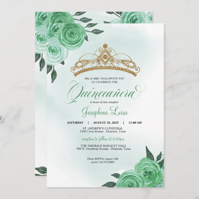 Mint Green Roses Golden Tiara Quinceañera Birthday Invitation (Front/Back)