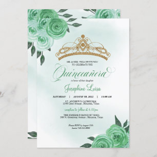 Mint Green Roses Golden Tiara Quinceañera Birthday Invitation