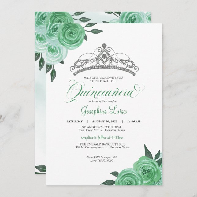 Mint Green Roses Silver Tiara Quinceañera Birthday Invitation (Front/Back)