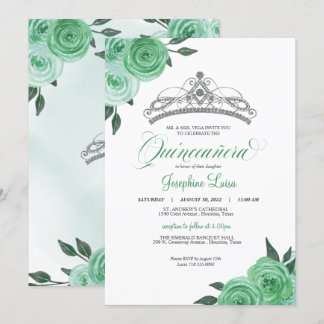 Mint Green Roses Silver Tiara Quinceañera Birthday Invitation