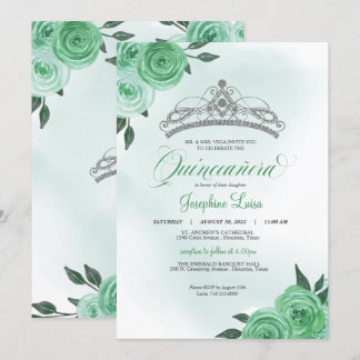 Mint Green Roses Silver Tiara Quinceañera Birthday Invitation