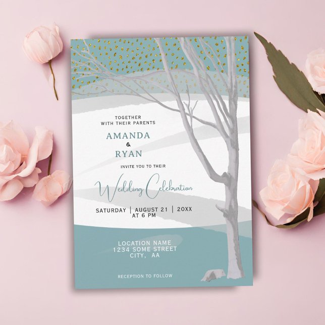 Mint Green Rustic Winter Tree Watercolor Wedding  Invitation (Creator Uploaded)