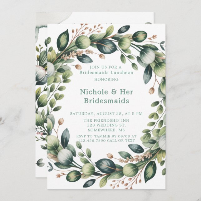 Mint Green & Sage Eucalyptus Bridesmaids Luncheon Invitation (Front/Back)