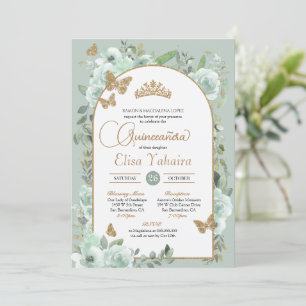 Mint Green Sage Floral Gold Butterfly Quinceañera Invitation