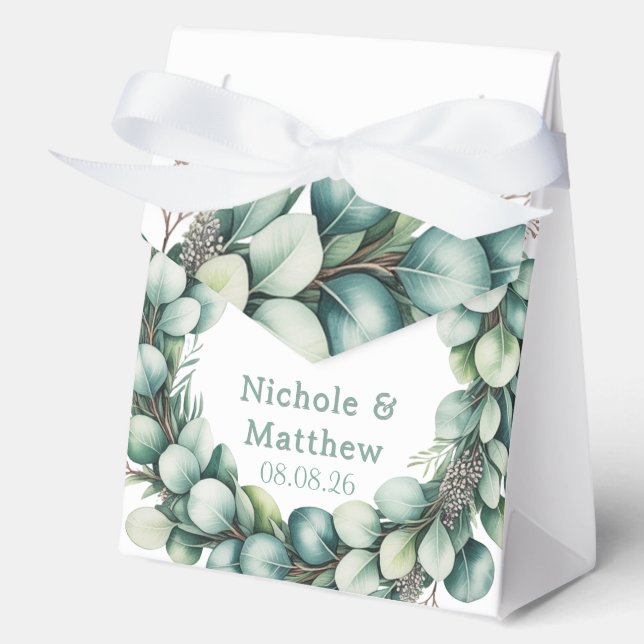 Mint Green & Sage Green Eucalyptus Wedding Favour Box (Front)