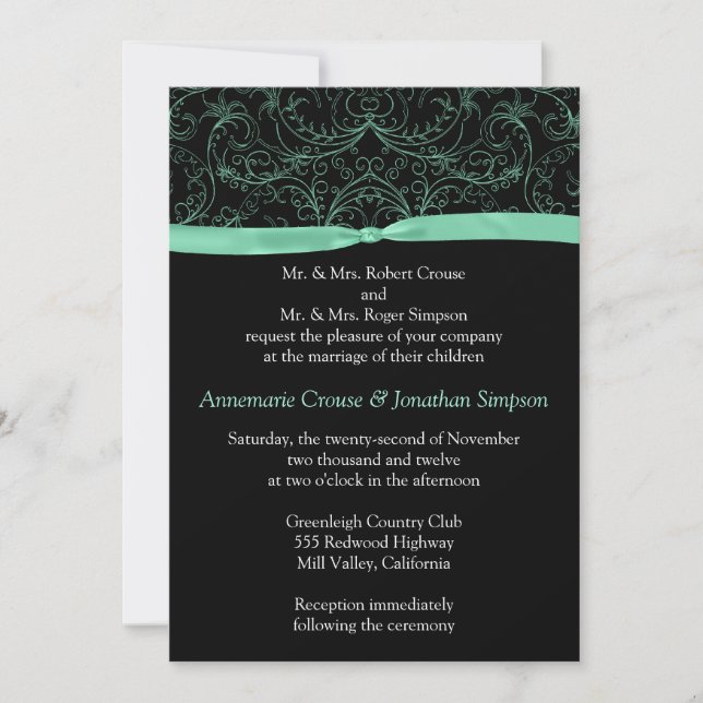 Mint Green Scrolls and Ribbon Wedding Invitation (Front)