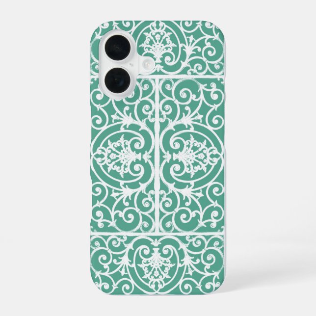 Mint green scrollwork pattern  iPhone 16 case (Back)
