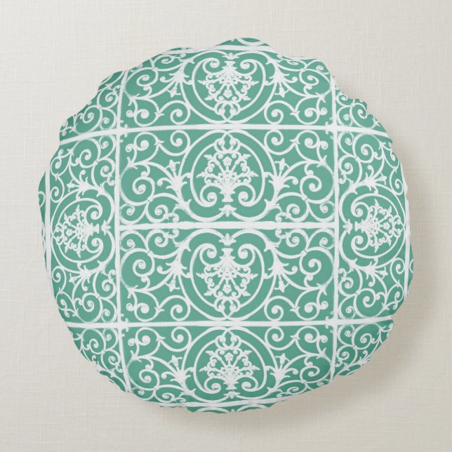 Mint green scrollwork pattern round cushion (Back)