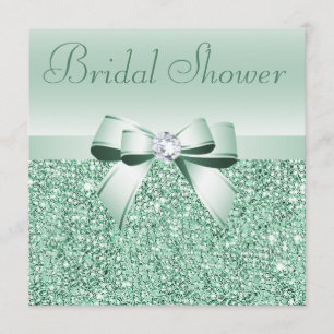 Mint Green Sequins, Bow & Diamond Bridal Shower Invitation