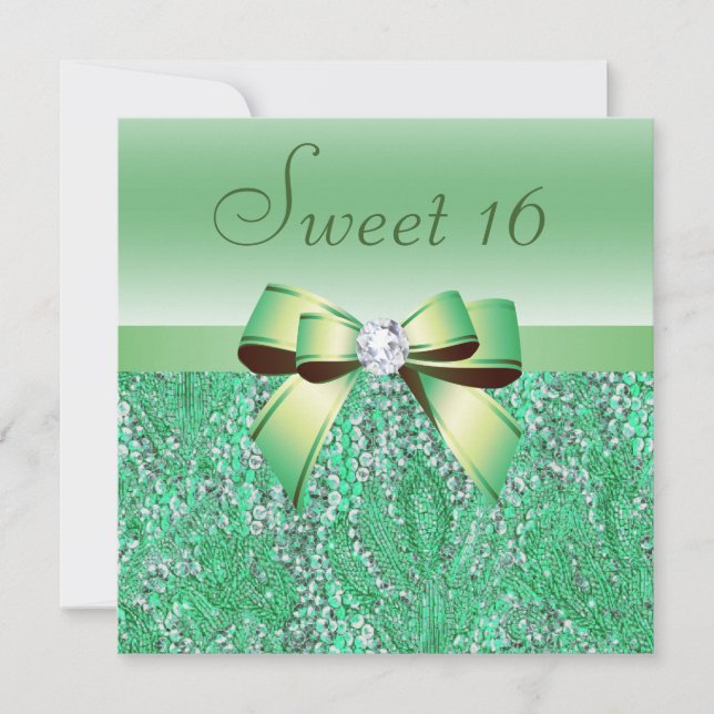 Mint Green Sequins, Bow & Diamond Sweet 16 Invitation (Front)
