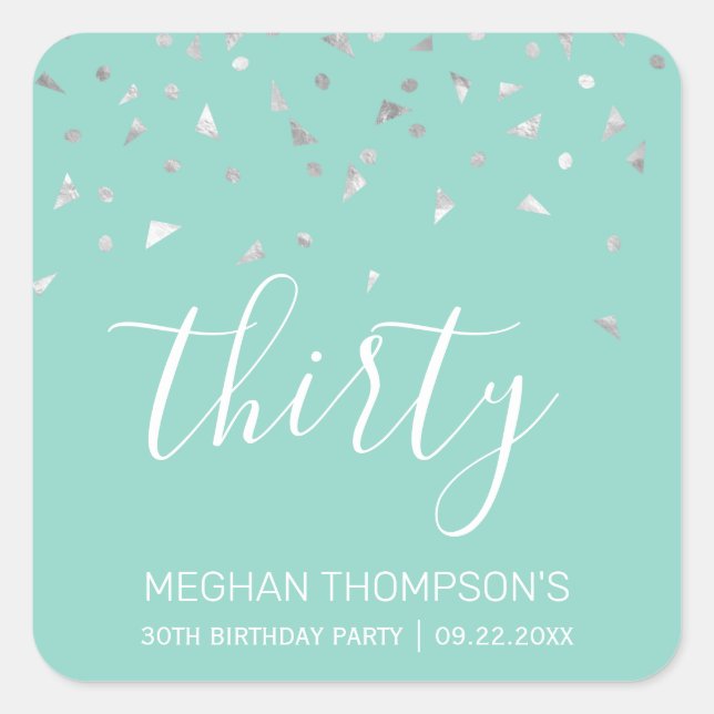 Mint Green Silver Confetti 30th Birthday Square Sticker (Front)