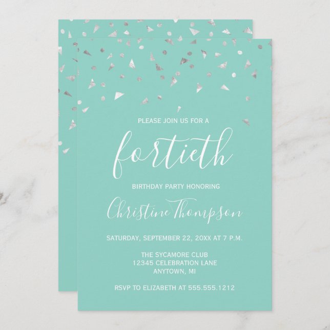Mint Green Silver Confetti 40th Birthday Party Invitation (Front/Back)