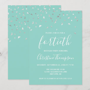 Mint Green Silver Confetti 40th Birthday Party Invitation