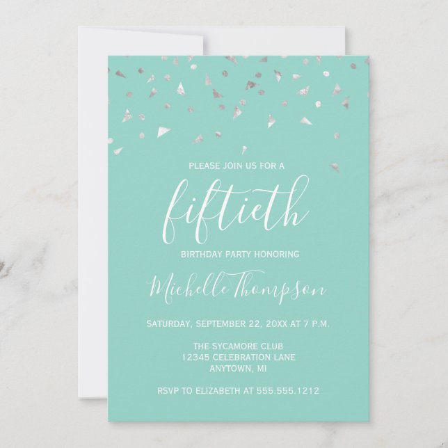 Mint Green Silver Confetti 50th Birthday Party Invitation (Front)