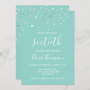 Mint Green Silver Confetti 60th Birthday Party Invitation