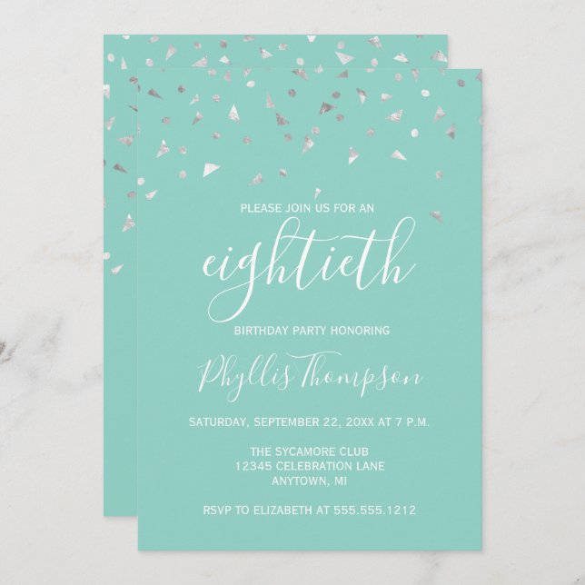 Mint Green Silver Confetti 80th Birthday Party Invitation (Front/Back)