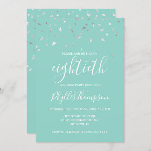 Mint Green Silver Confetti 80th Birthday Party Invitation