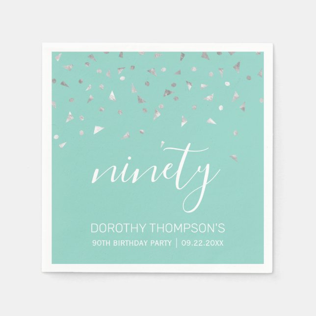 Mint Green Silver Confetti 90th Birthday Party Napkin (Front)