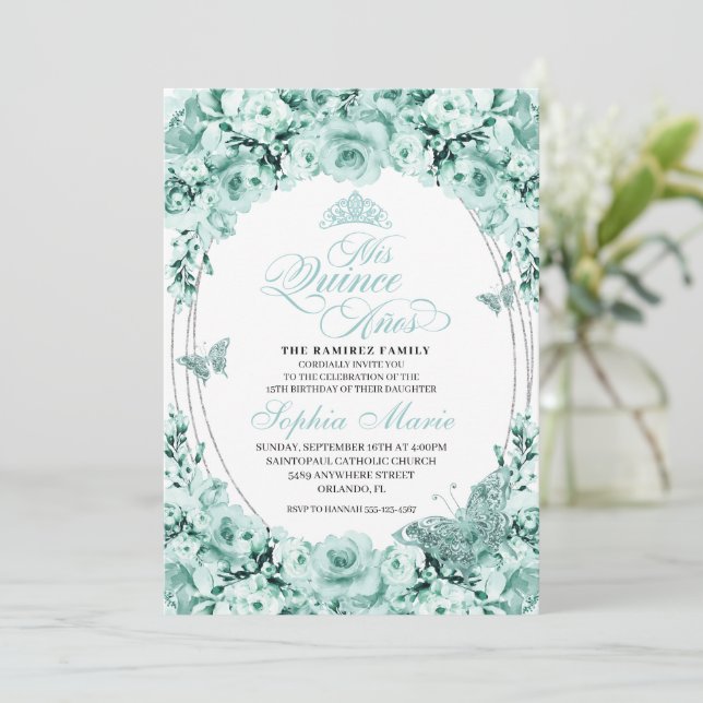 Mint Green Silver Floral Tiara Quinceanera Invitation (Standing Front)